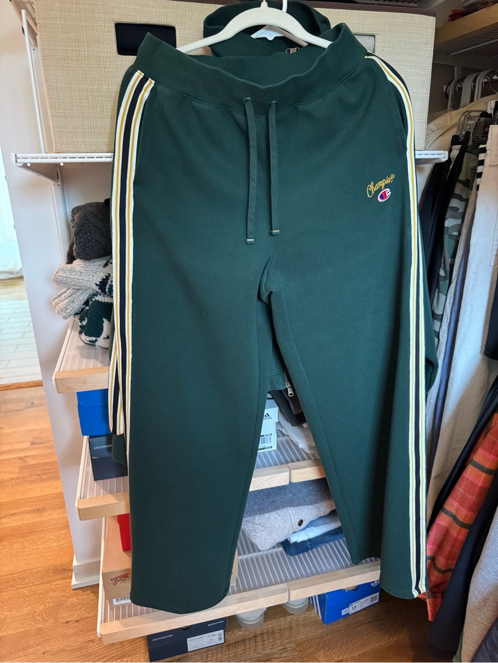 Champion Dark Green Track Pants with Cream & Yellow Side Stripes